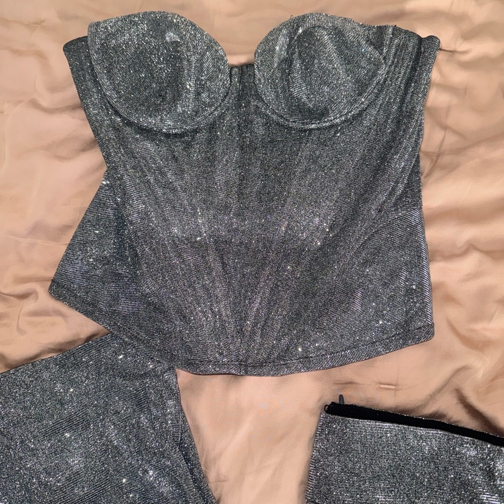House of CB Silver Glitter Bustier and Pants Set